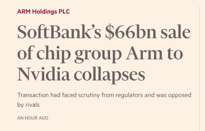 软银将芯片业务ARM出售给英伟达的交易宣告失败