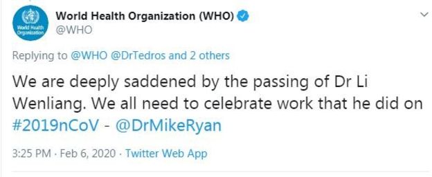 国际卫生组织（WHO）通过官方推特网页第一时间对李文亮去世表示哀悼，并感谢他在“此次疫情中所做的工作” ...