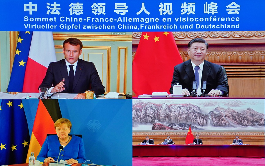习近平在北京同法国总统马克龙、德国总理默克尔举行视频峰会