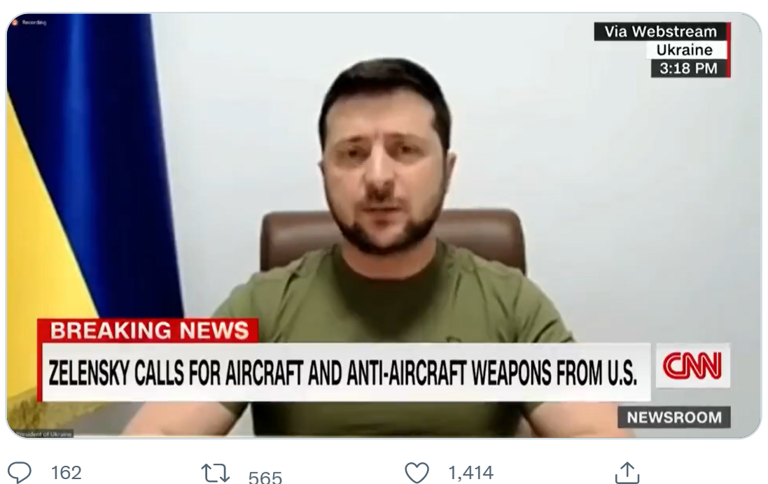 乌克兰总统泽连斯基（Volodymyr Zelenskiy）星期三通过视频向美国国会参众两院议员发表演讲 ...
