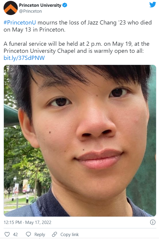 惋惜21岁华裔学生跳湖自杀即将普林斯顿毕业