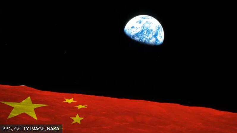 Chinese flag in space with the Earth in the background