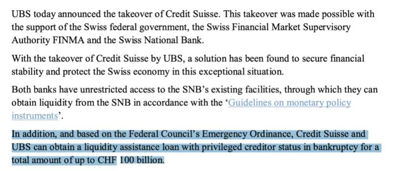 根据紧急条例，SNB可给予瑞信高达1000亿瑞士法郎的流动性援助贷款，由联邦政府违约担保支持 ...