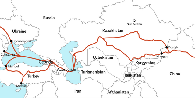 在中亚地区，一共有两条中欧铁路线