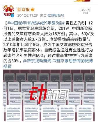 中国老年艾滋病感染者和前九年相比，足足翻了五倍