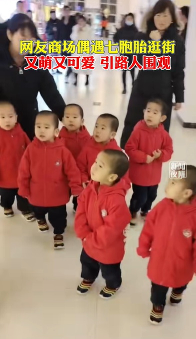 北京，有网友在商场偶遇了七胞胎逛街