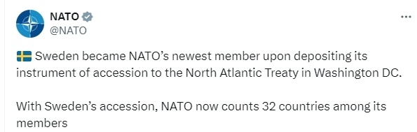 瑞典正式加入了北约(NATO)，成为其第32个成员国
