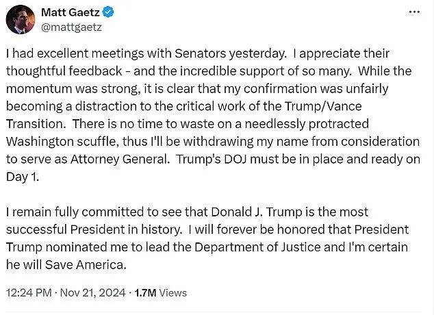 川普提名的候任司法部长马特·盖茨（Matt Gaetz）于周四宣布撤回提名